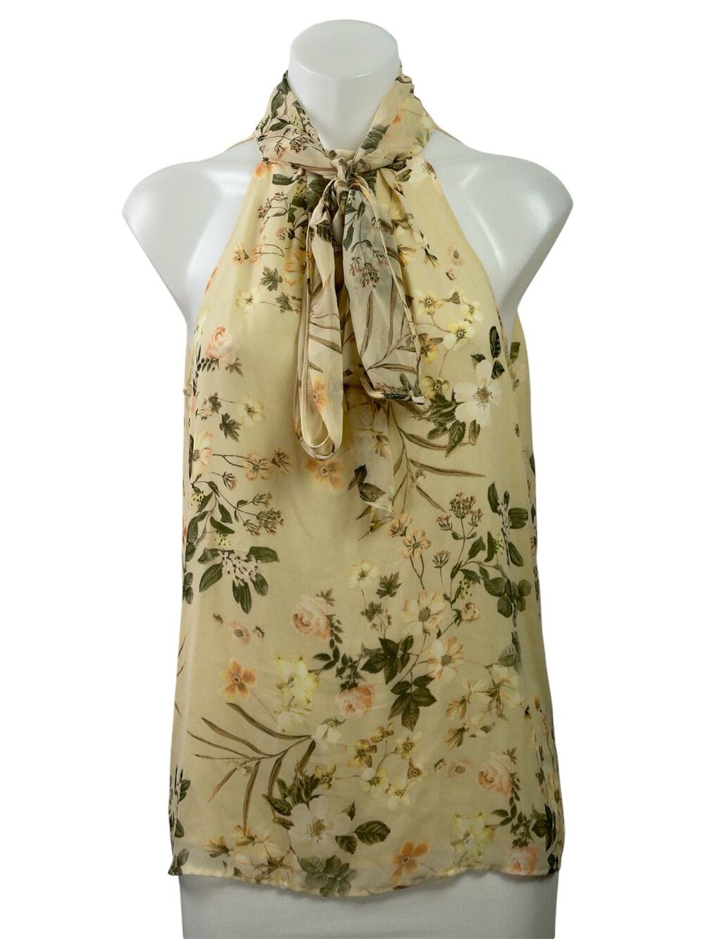 Calvin Klein Womens Yellow Green Floral Sleeveless Halter Tie Neck Blouse Top M